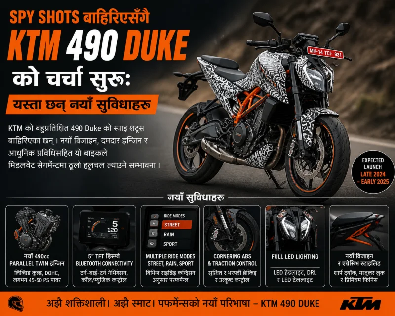 Spy Shots बाहिरिएसँगै KTM 490 Duke को चर्चा सुरु: यस्ता छन् नयाँ सुविधाहरू