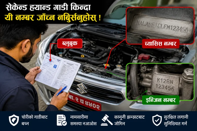 सेकेन्ड ह्यान्ड गाडी खरिद गर्दा ब्लुबुक, च्यासिस नम्बर र इन्जिन नम्बर मिलाएर जाँच्नु किन आवश्यक छ?